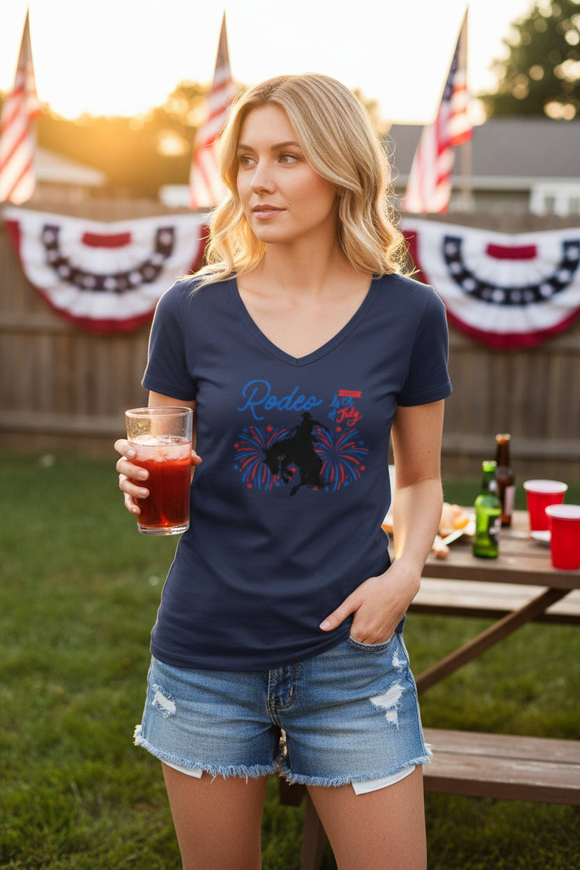 Rodeo Celebration V-Neck – Patriotic Bronc Rider Tee for the 4th of July
Get ready to rodeo into the Fourth of July with style! This unisex V-neck tee features our bold bronc silhouette blasting through red, white, and blue fireworks—bringing big Western energy to your Independence Day fun 
✓ 100% lightweight cotton for all-day comfort
✓ Flattering retail fit with classic V-neckline
✓ Ethically produced and fair-labor certified
✓ Unisex sizing – great for everyone