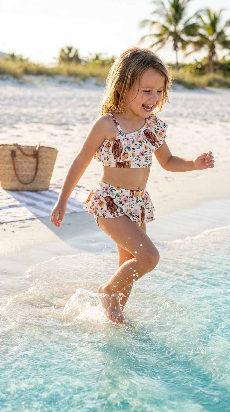 Young girl in a SCOTTISH HIGHLANDER SKIRTED TANKINI FOR GIRLS floral swimsuit playing in shallow water on a beach.