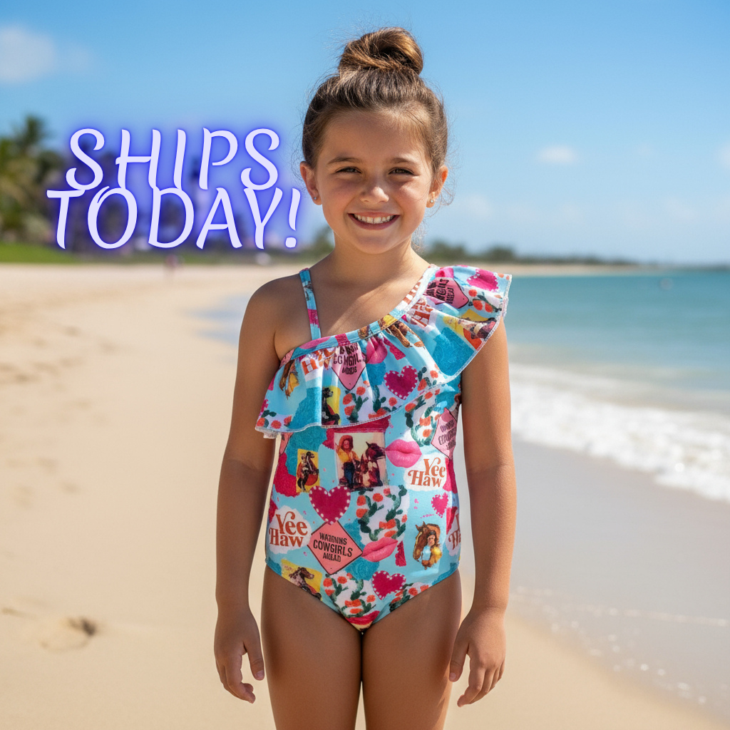 Girls Cowgirl Swimsuit, Vintage Cowgirl One Piece, Horse Bathing Suit, Yee Haw Swimwear