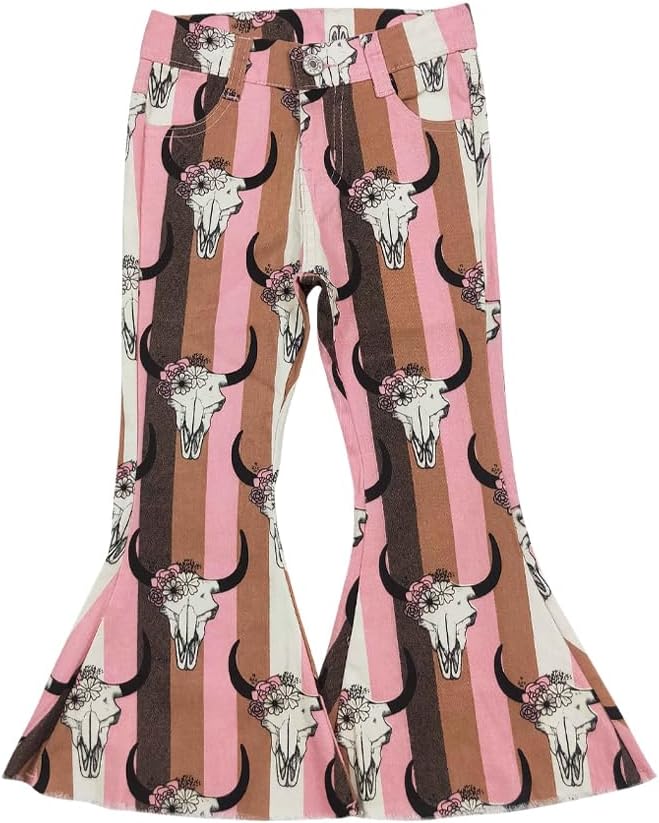 Girls Floral Skull Bell Bottom Jeans | Western Boho Kids Flare Pants