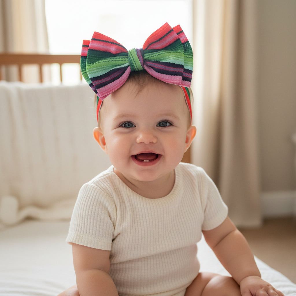 Green Multi These Big Bow Headbands for babies and toddlers are the perfect finishing touch to your little one's adorable outfit (also sold by Razels 😉). Soft, stretchy, and adjustable, they provide both comfort and style! And now, they’re available in even more colors!
✔ Hand-tied, not sewn, so you can adjust for the perfect fit