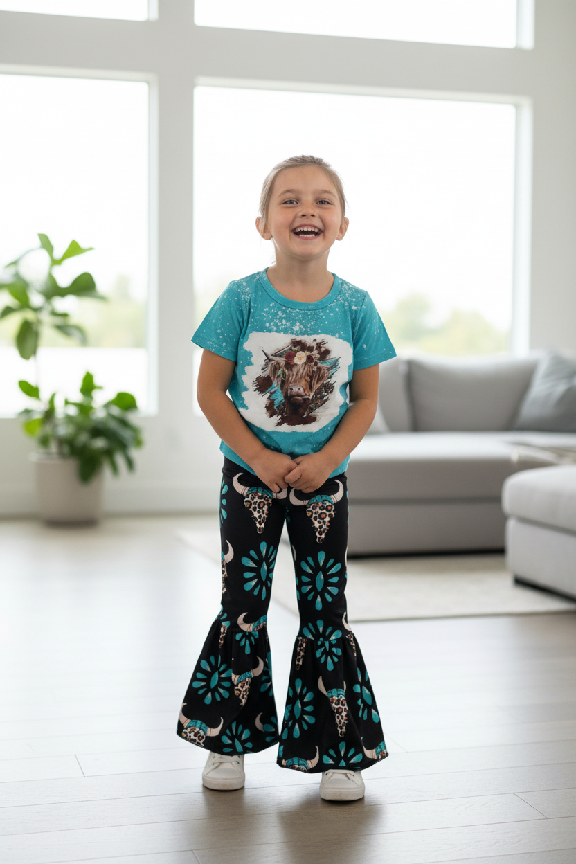 Child wearing a blue sottish highlander t-shirt with a graphic design and black patterned pants in a living room.