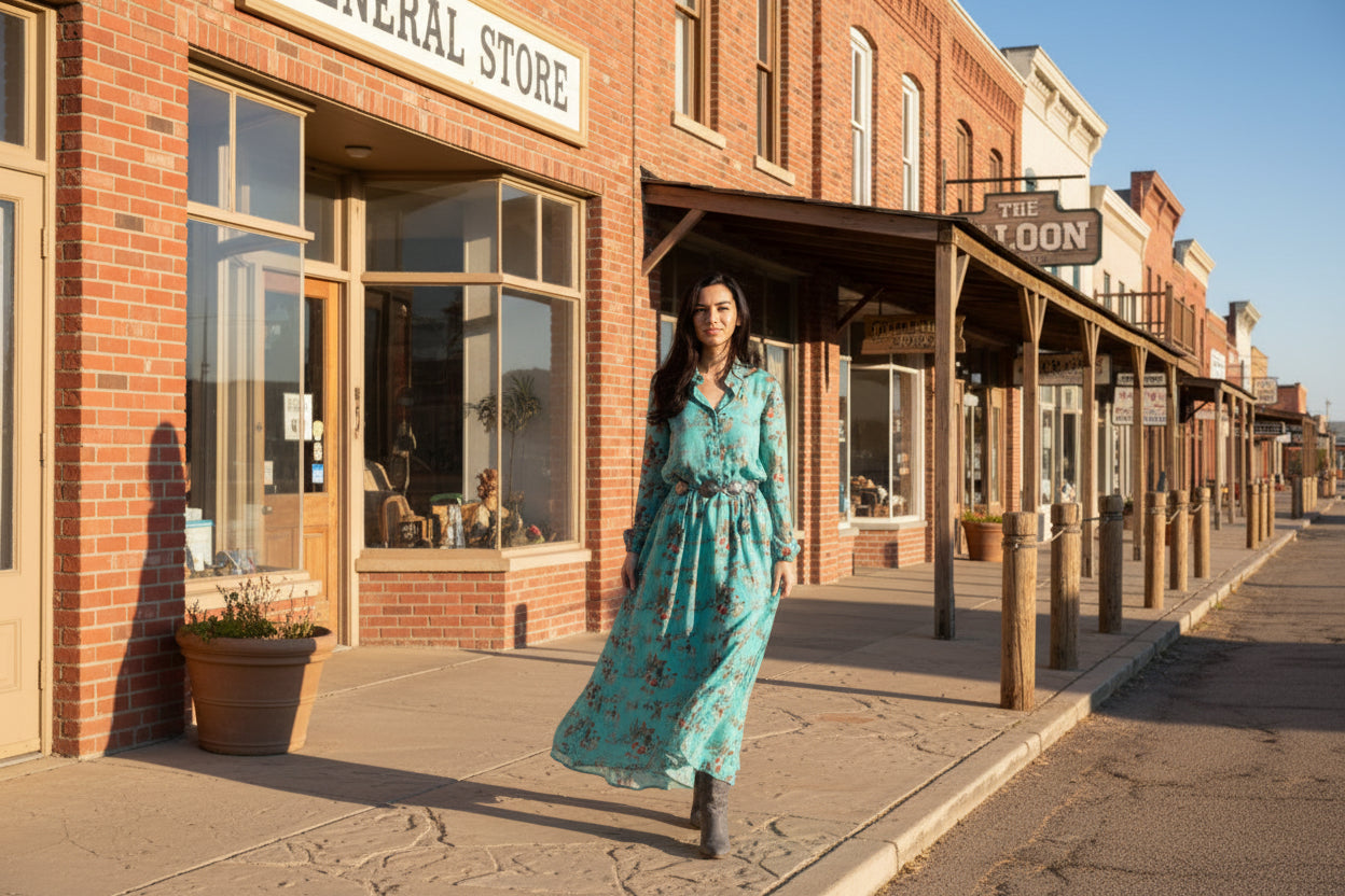 Turquoise Cowboy Print Chiffon Maxi Dress