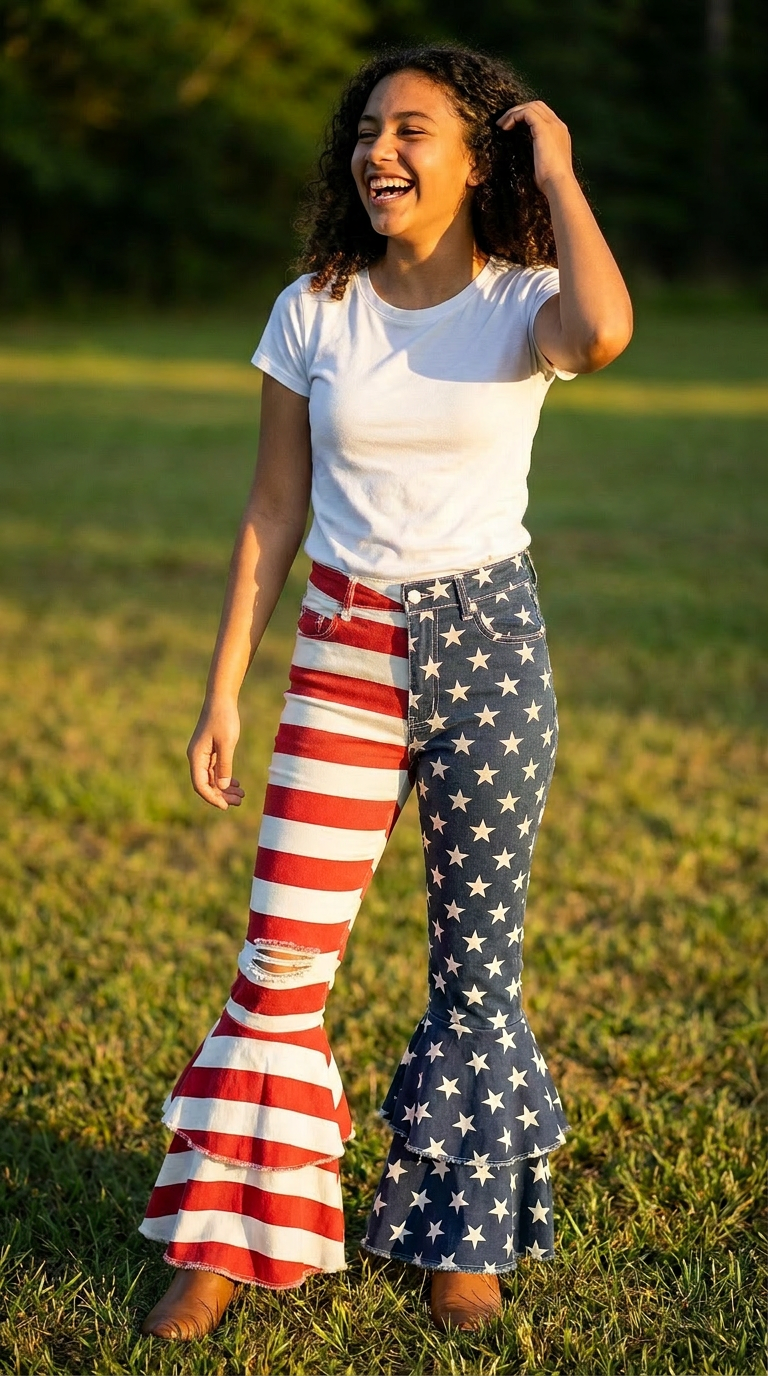 Person wearing a white t-shirt and American flag-themed bell-bottom pants in a grassy field. Girls American flag bell bottom jeans featuring a split stars-and-stripes design with one leg in navy star print and the other in red and white stripes. Made from stretch denim with a mid-rise fit, functional front and back pockets, and belt loops. Adjustable waistband with button and zipper closure for a better fit. Finished with a tiered ruffle bell bottom hem for added flare. Available in sizes 6–12M through 14/1