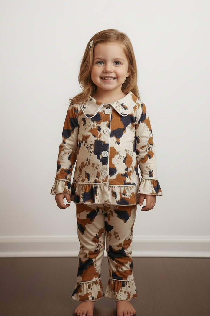 Cowprint Girls Pajamas – Western Ruffle Lounge Set