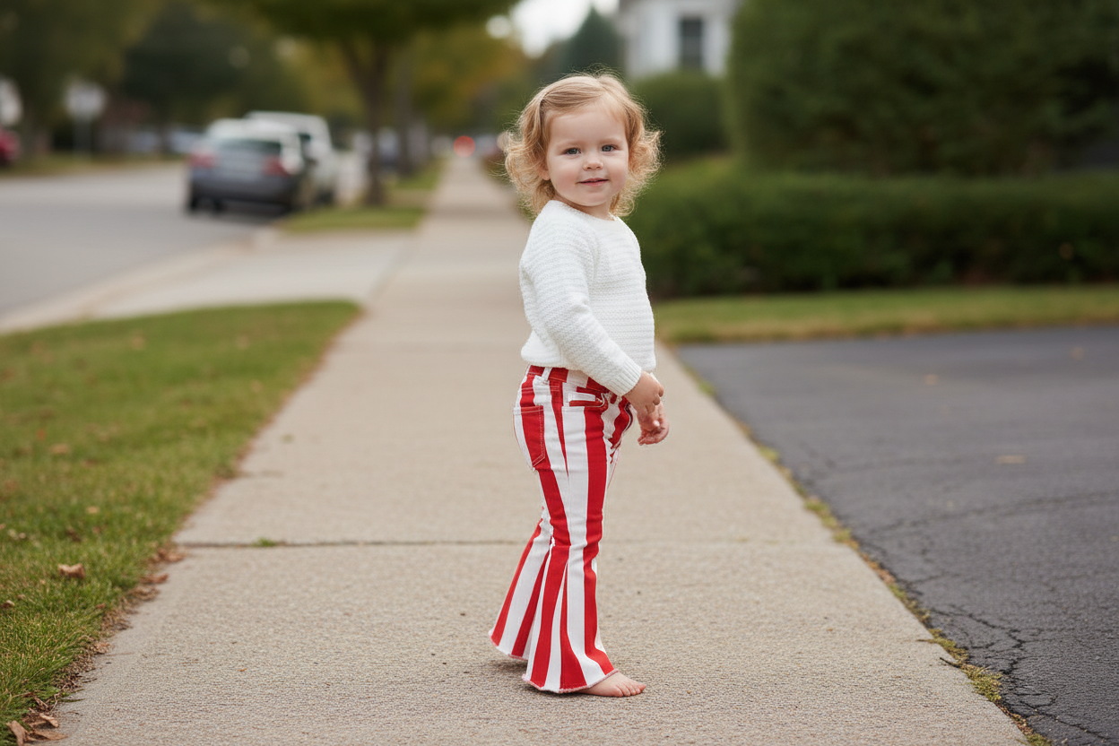 Child wearing red and white striped pants standing on a sidewalk.