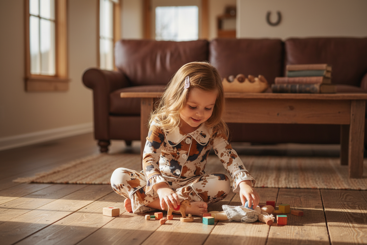 YOUNG GIRL PLAYING ON FLOOR WEARING MATCHING COWPRINT RUFFLE PAJAMAS