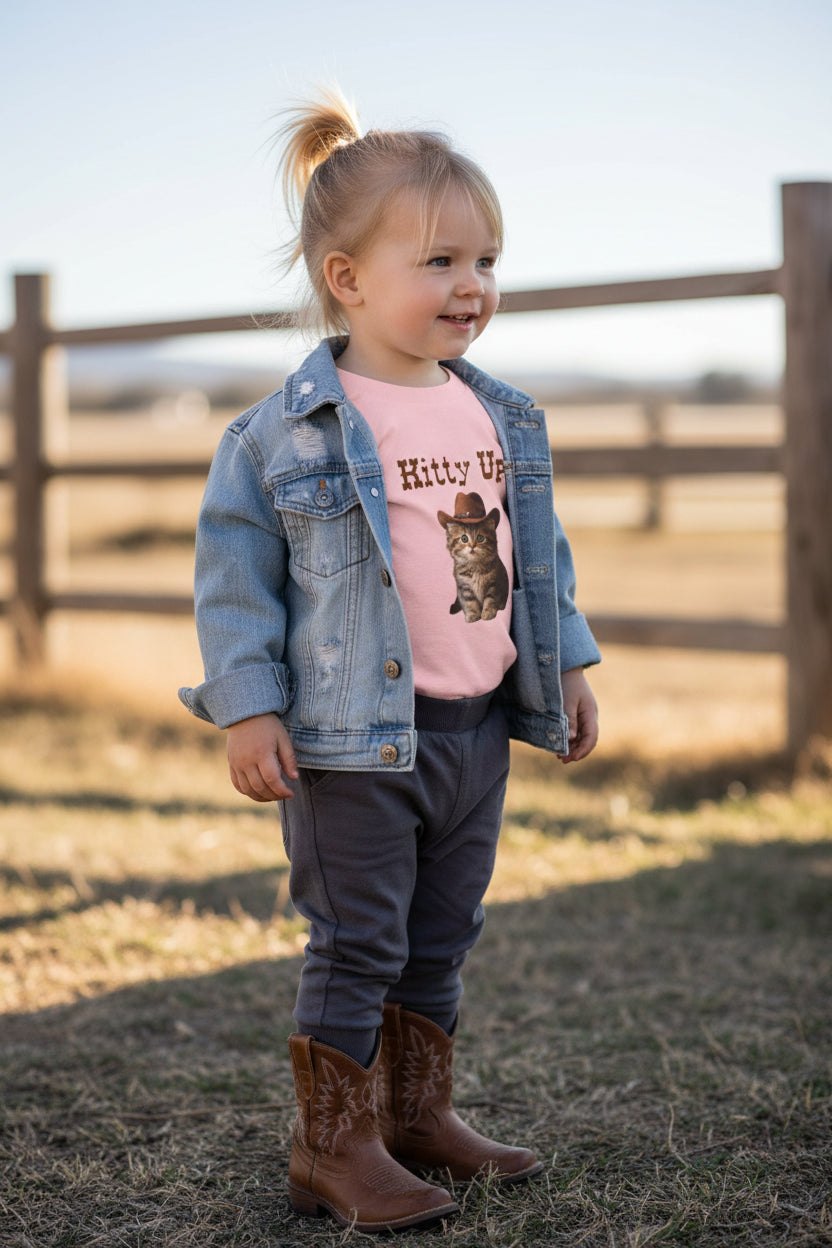 Pink t-shirt with a kitten wearing a cowboy hat and 'Kitty Up' text on a white background