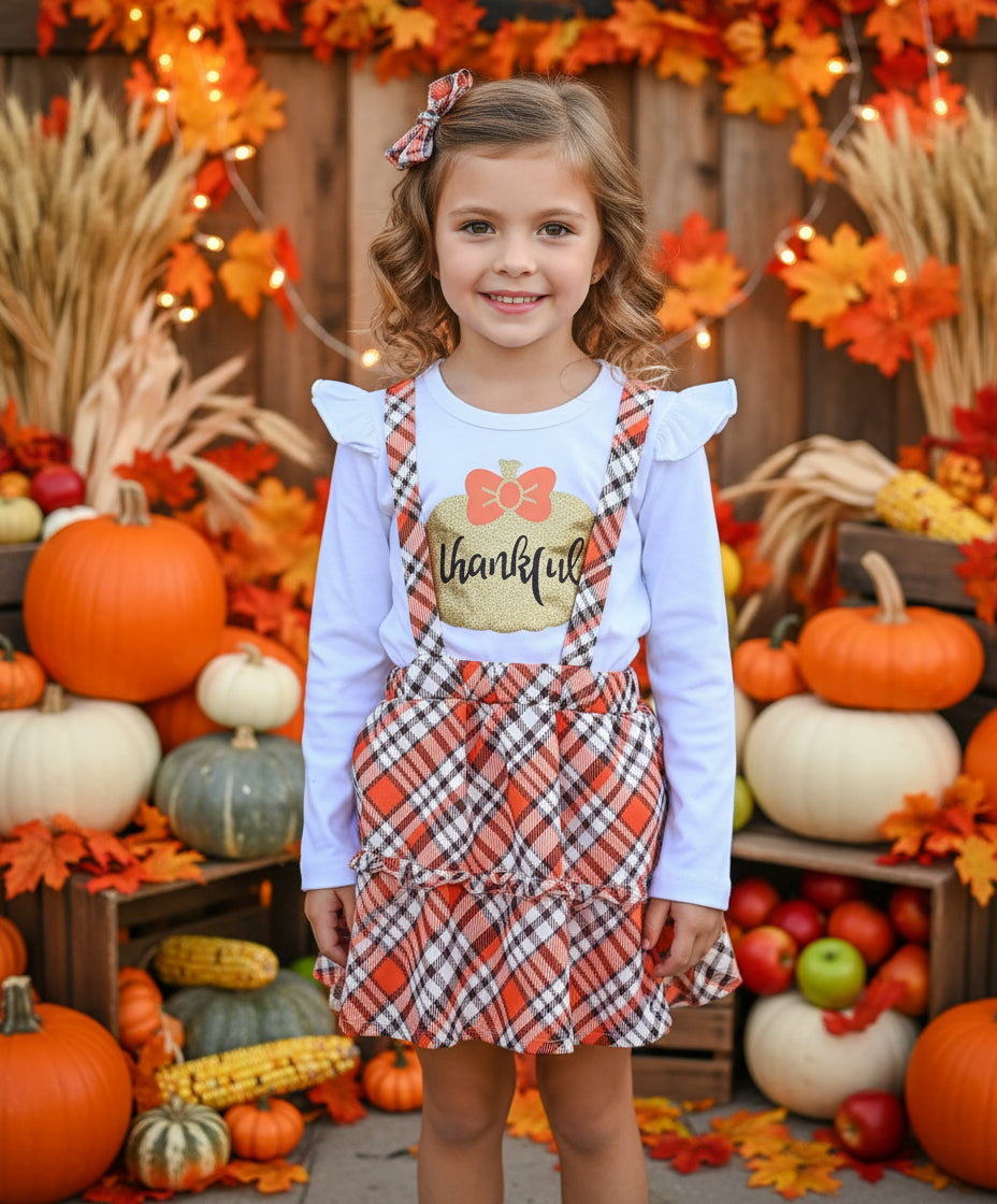 Toddler Girl Thanksgiving Outfit: Thankful Pumpkin Shirt & Plaid Suspender Skirt Set, -Razels
