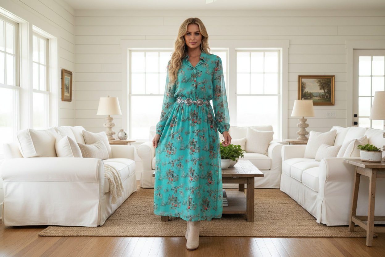 Turquoise Western Cowboy Print Maxi Dress
