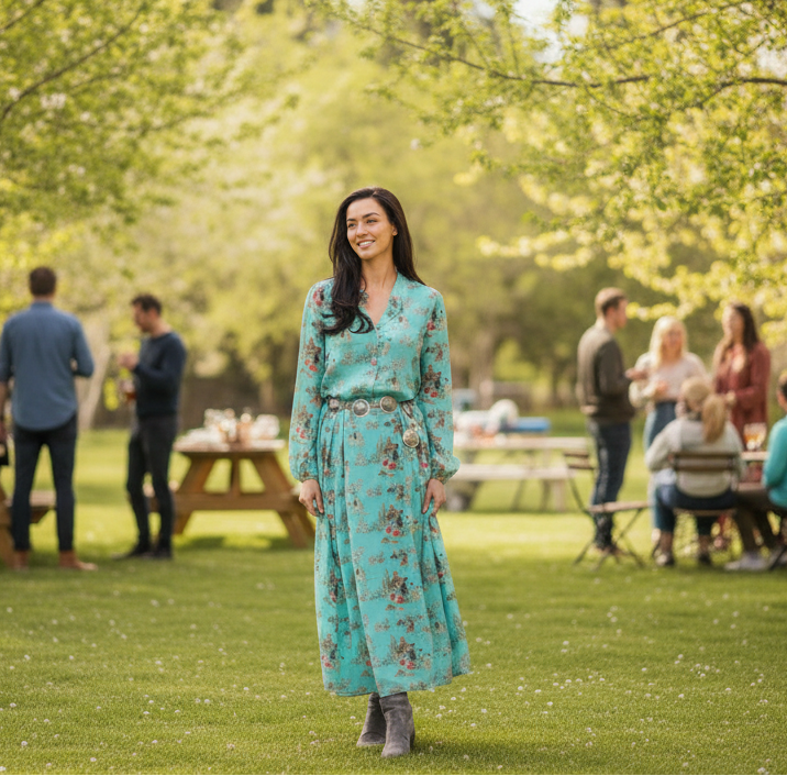 Turquoise Western Cowboy Print Maxi Dress