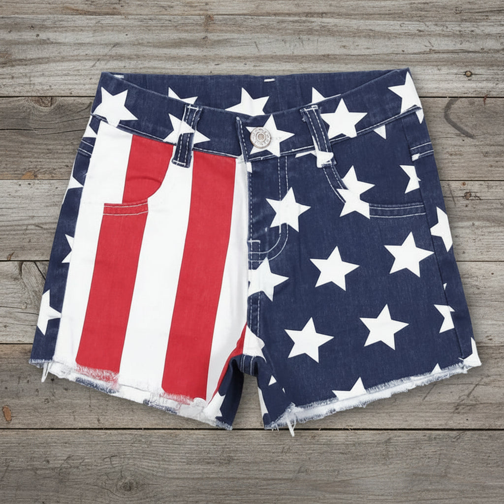 Denim shorts with American flag pattern on a light gray background
