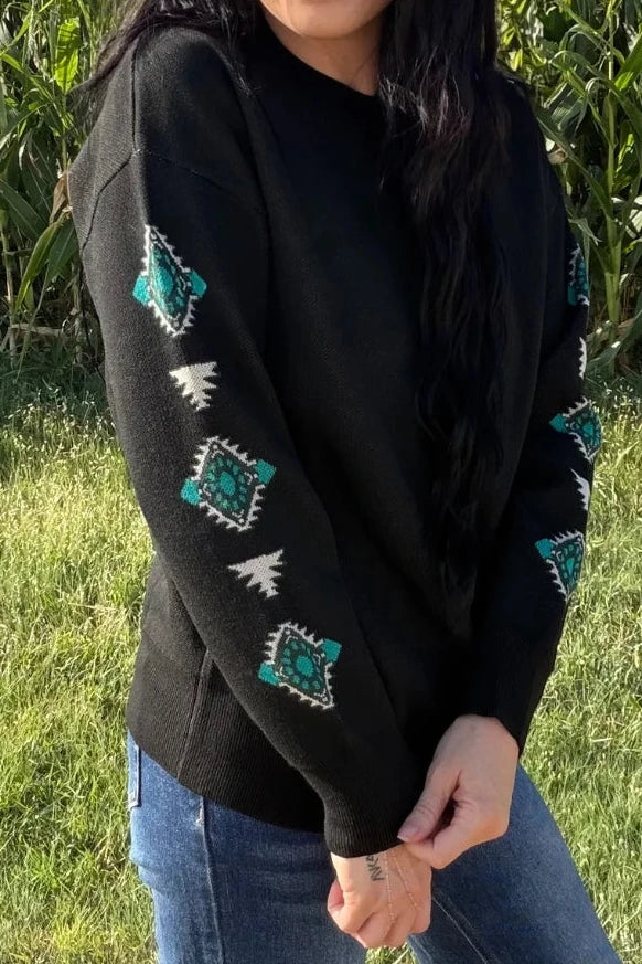 Women’s Black Western Sweater with Turquoise Concho Sleeves
