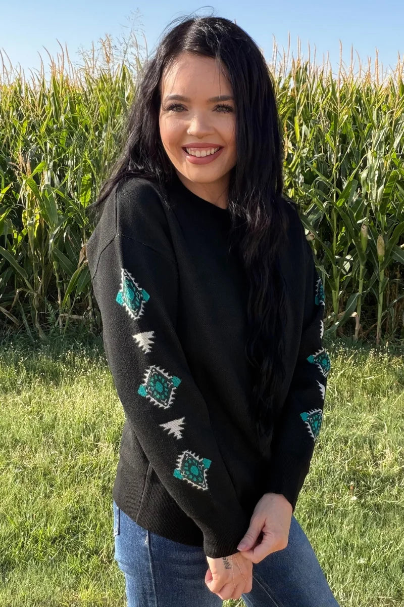 Women’s Black Western Sweater with Turquoise Concho Sleeves