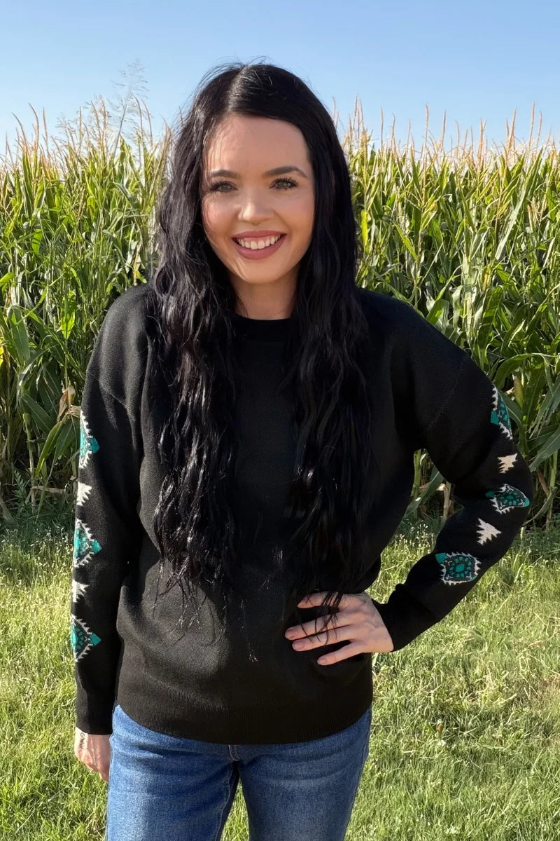 Women’s Black Western Sweater with Turquoise Concho Sleeves