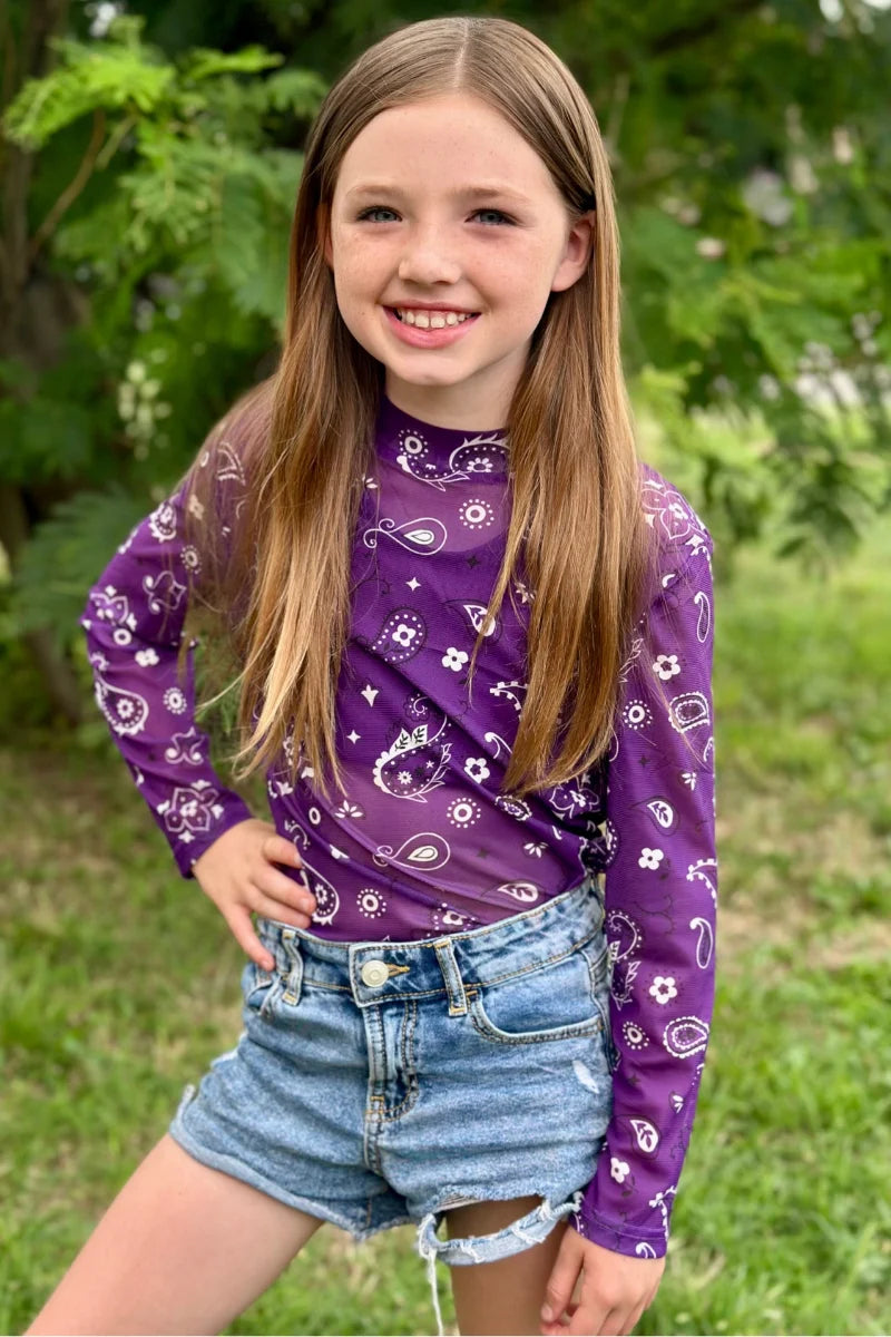 Girls Purple Bandana Print Mesh Top