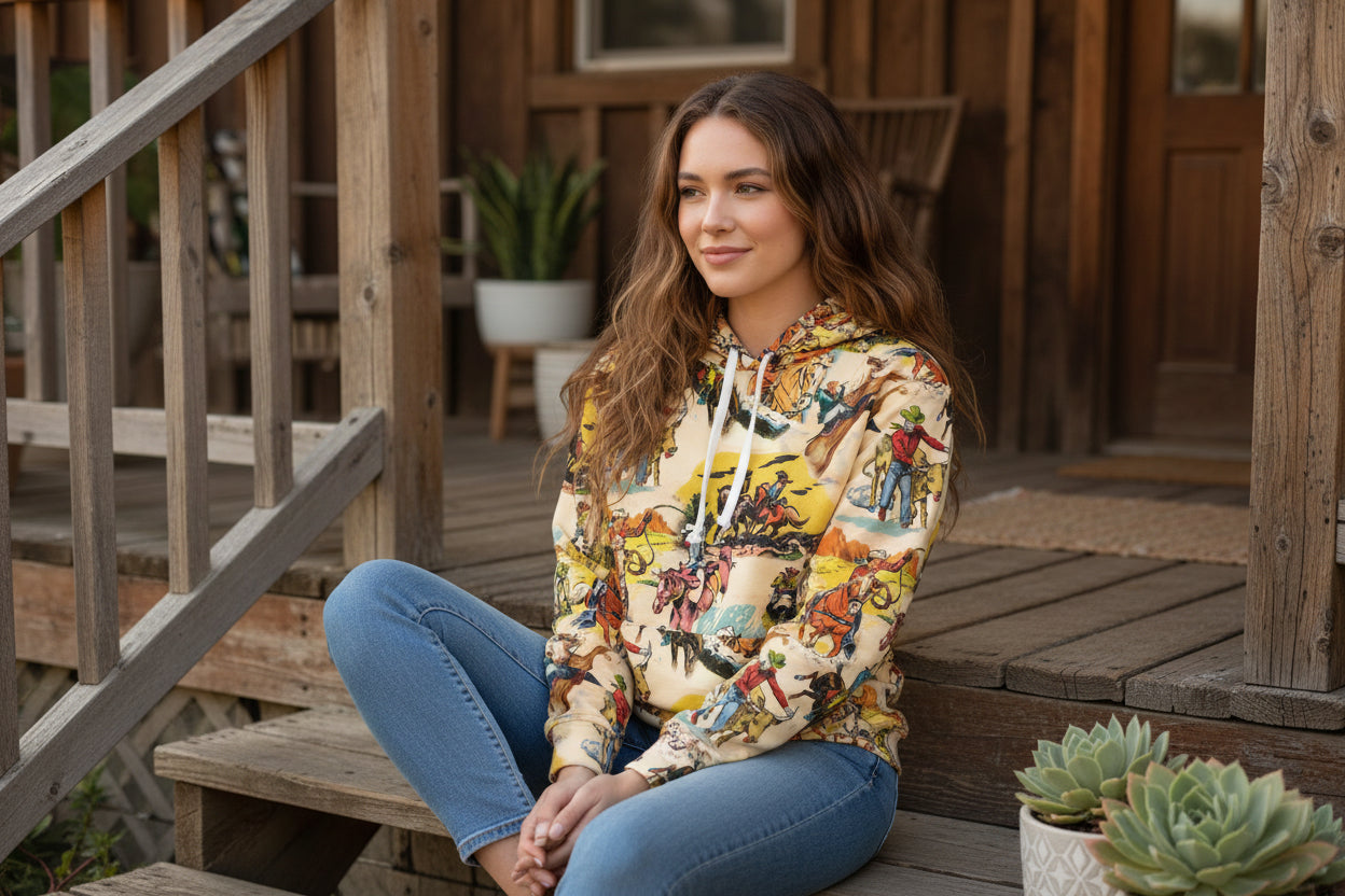 WOMAN WEARING VINTAGE COWBOY HOODIE, WESTERN PULLOVER UNISEX