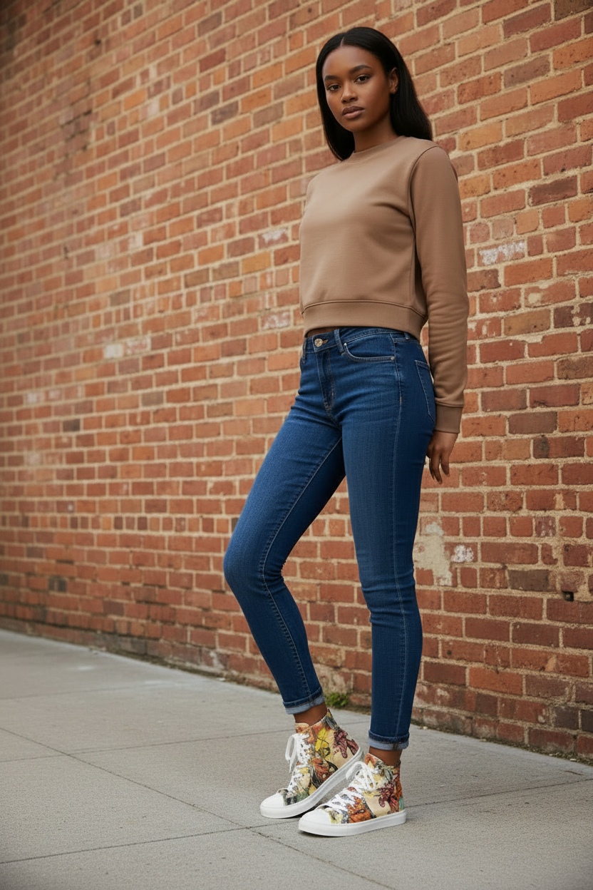 WOMAN WEARING VINTAGE COWBOY PRINT HIGH TOP SNEAKERS STANDING BY BRICK WALL