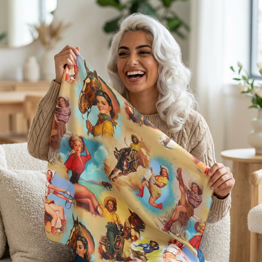 Woman holding a colorful RETRO COWGIRL SCARF  with vintage-style WESTERN Illustrations in a home setting