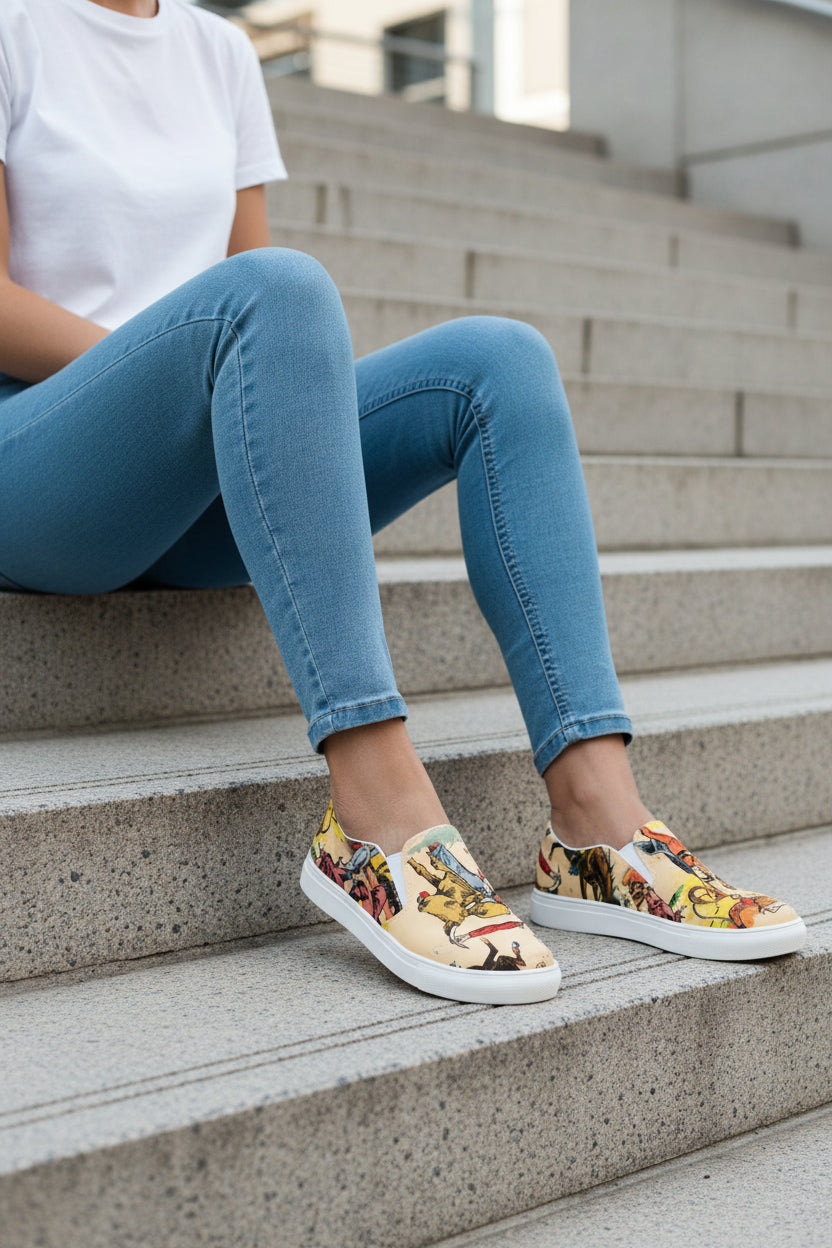 WOMAN SITTING ON STEPS WEARING Vintage Cowgirl Slip-On Sneakers – Western Style Made Easy 🤠
