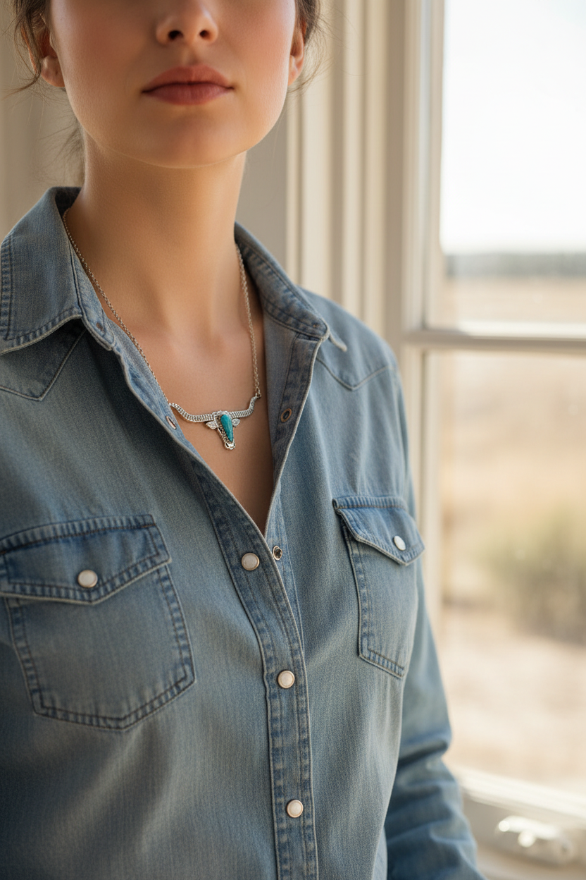 Western Jewelry for Women- Turquoise Longhorn Skull Necklace