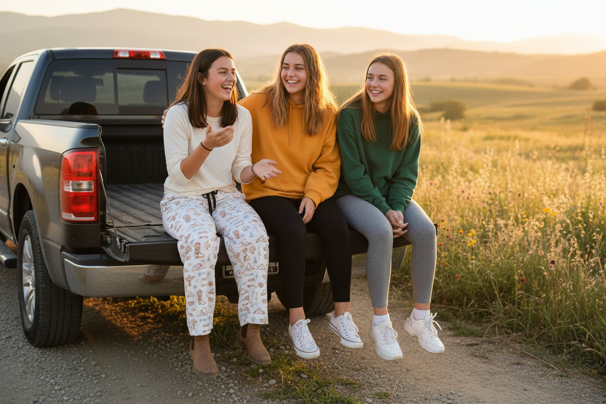 TEENAGERS SITTING ON TAILGATE, ONE IS WEARING rAZELS SUPER CUTE WESTERN MOTIF PAJAMA PANTS
