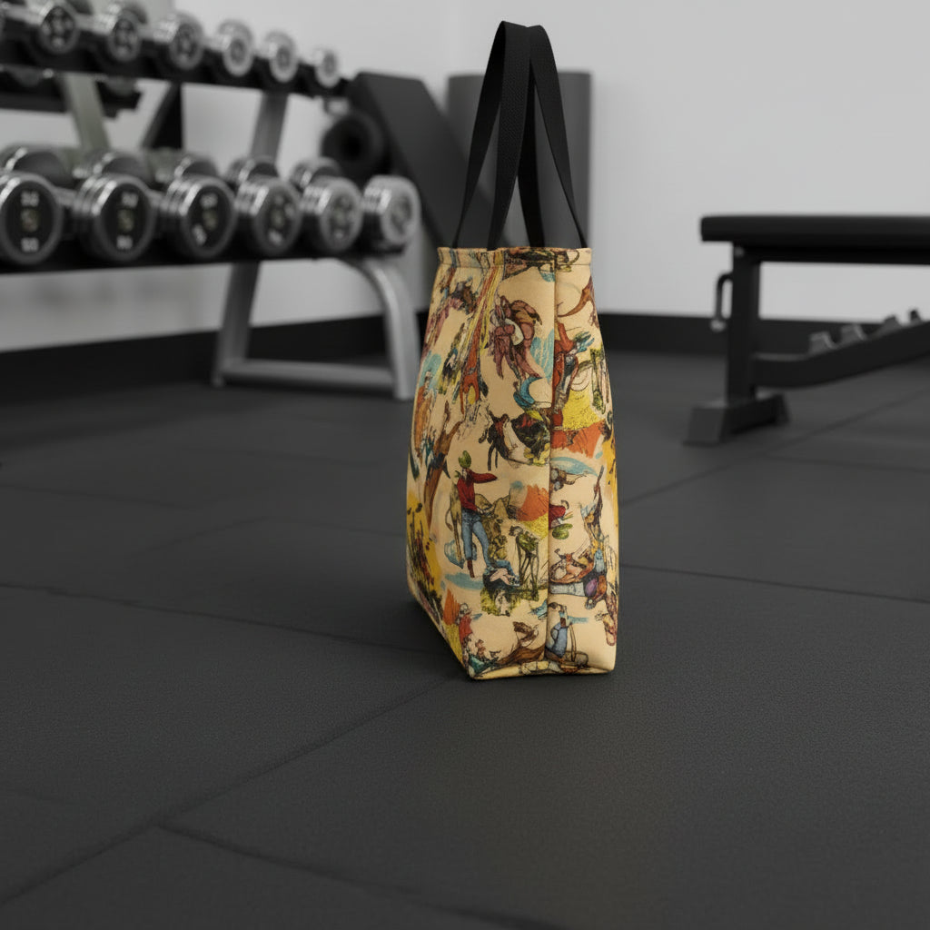 RETRO COWBOY TOTE BAG SITTING ON GYN FLOOR