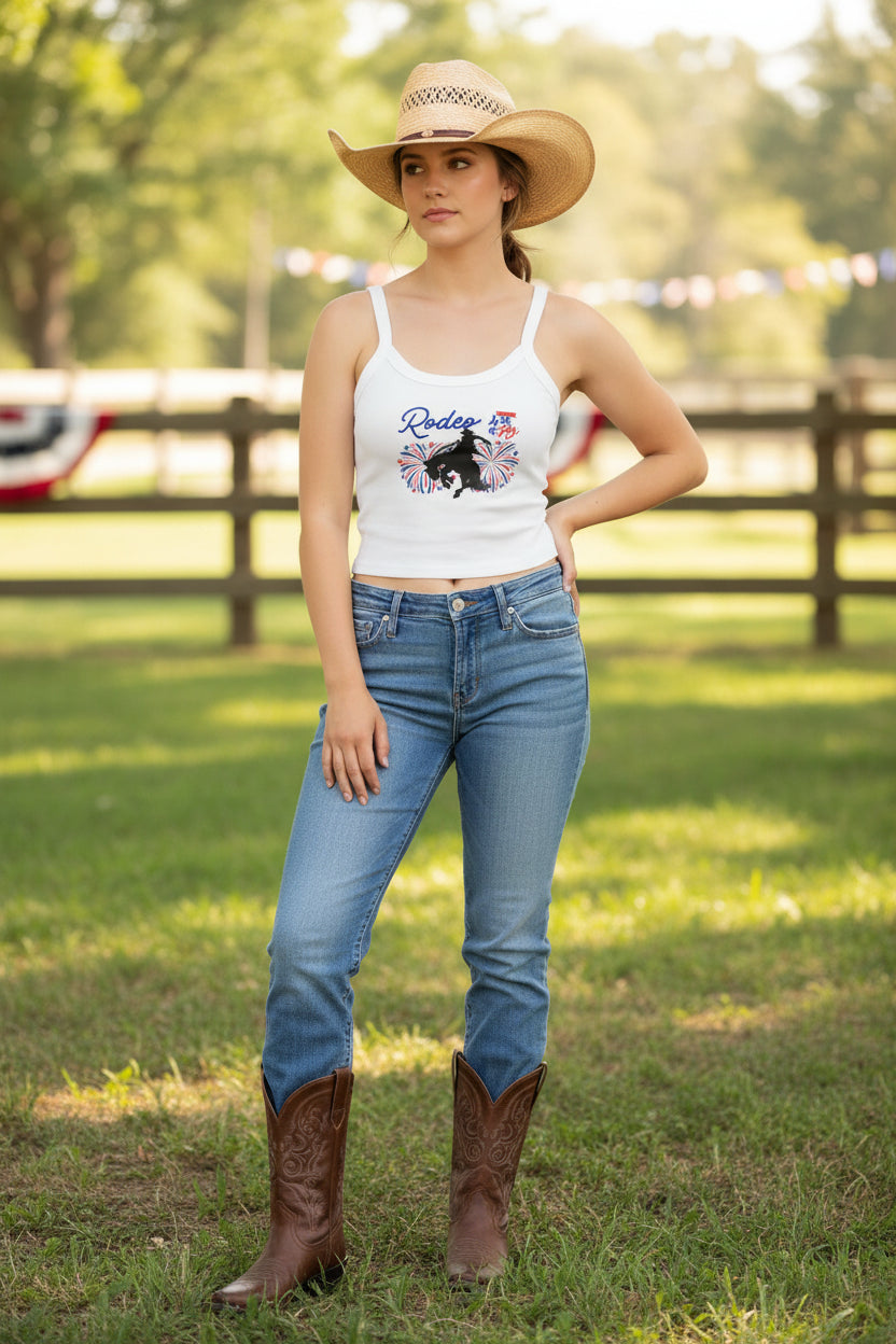 4th of July Bronc Rider Crop Tank, Patriotic Western Spaghetti Strap Top for Women -Razels