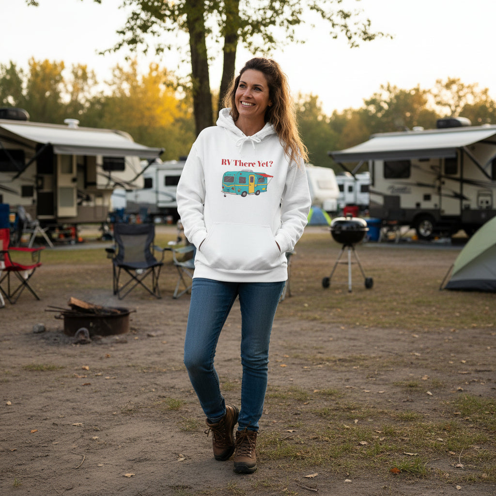 White hoodie with an RV graphic and text on a white background
