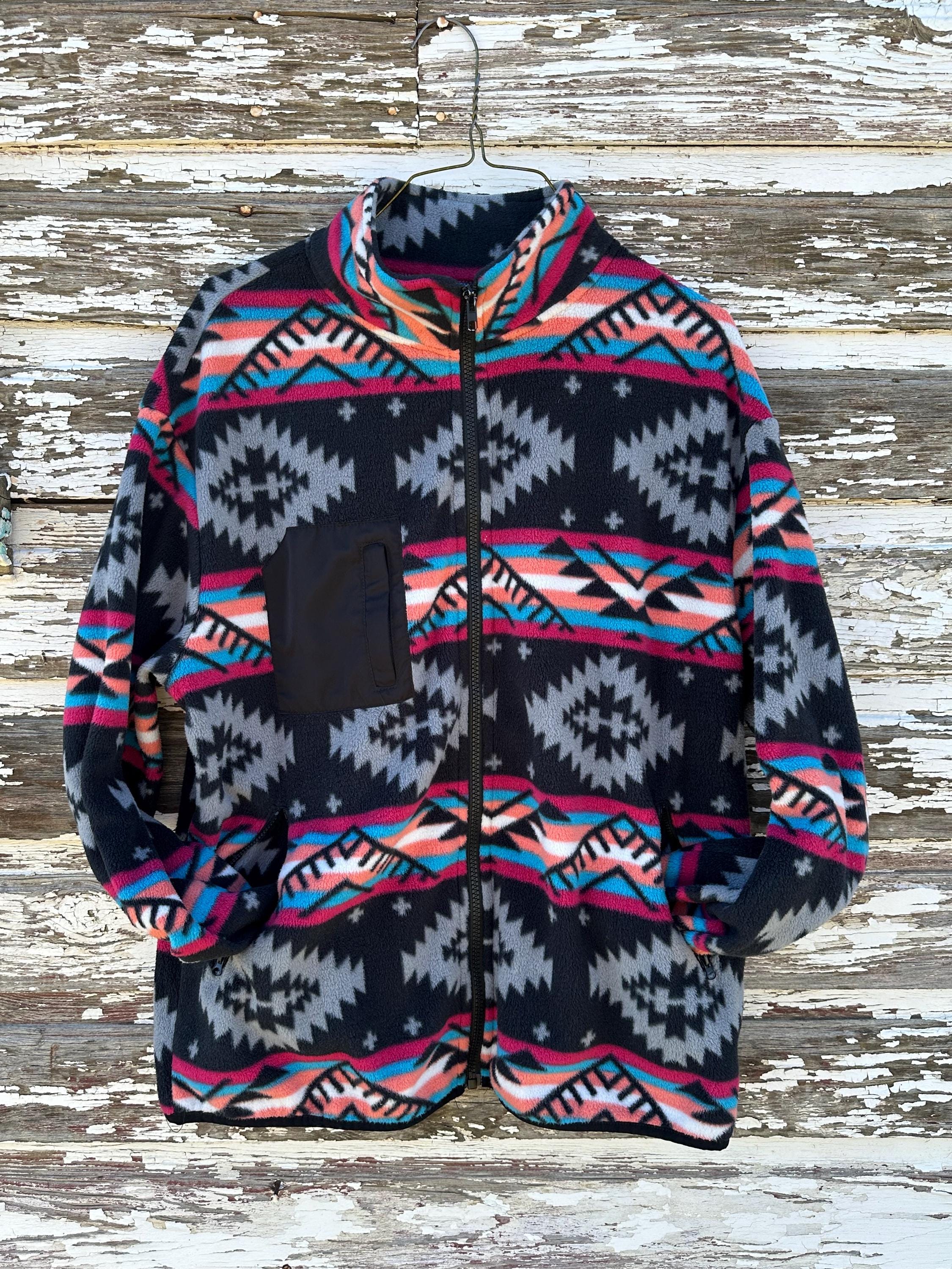 Western Fleece Jacket, Aztec Fleece Jacket, Spring Fleece Jacket, Western Zip Up features a vibrant Aztec print in black, grey, hot pink, orange, and turquoise pattern.  With a convenient zip-up design, this jacket is perfect for all seasons.