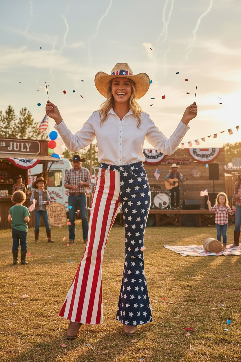 WOMAN CELEBRATING 4TH OF JULY WEARINNG BELL BOTTOM JEANS WITH AMERICAN FLAG PATTERN. SUPER CUTE AND SHIP FOR FREE FROM MONTANA