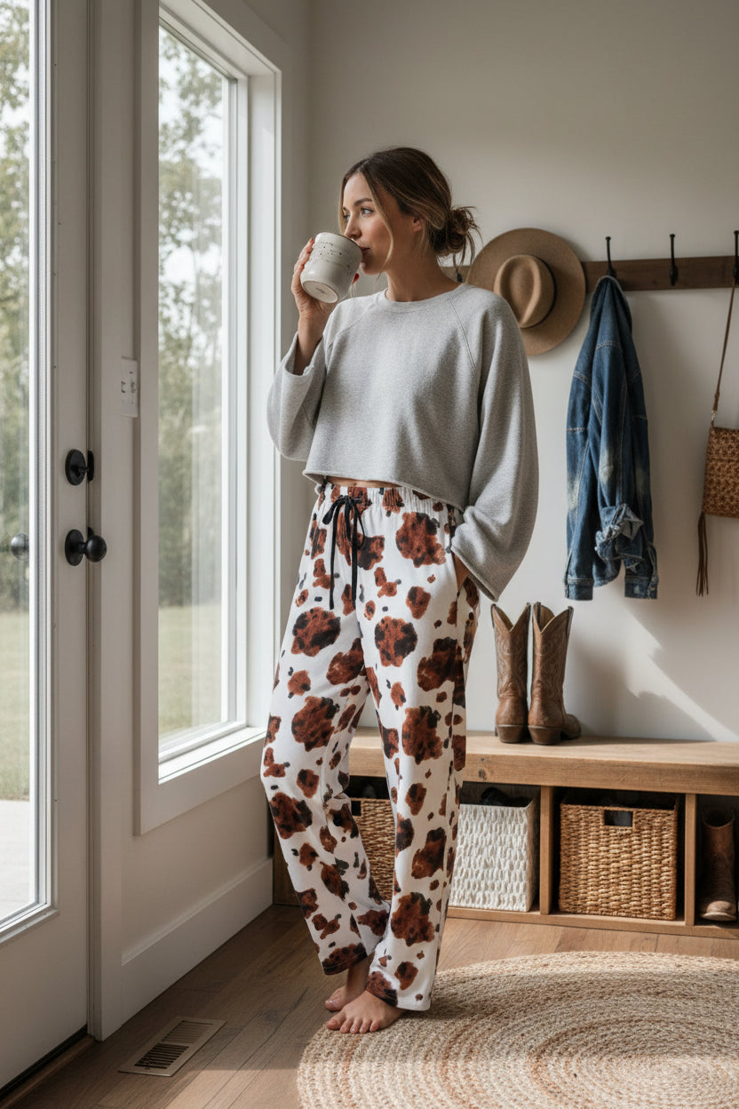 Brown Cow Print Pajama Pants: Western Cowgirl Loungewear -Razels