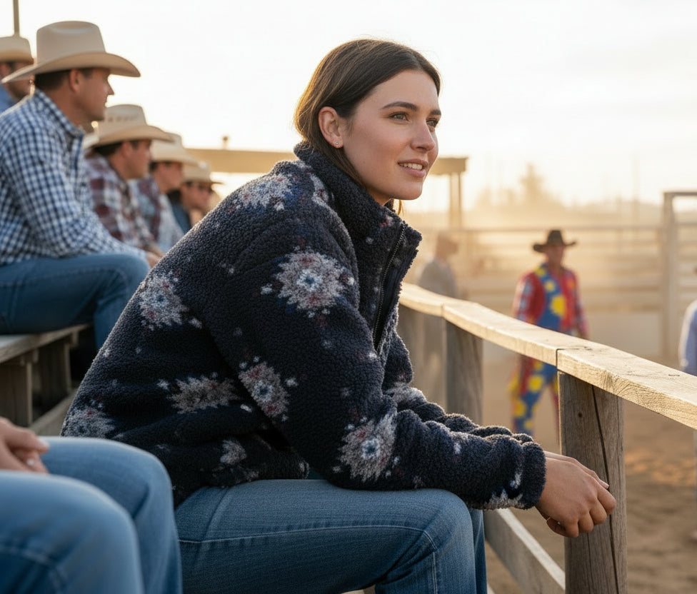 Fleece jacket with a pattern on a wooden surface