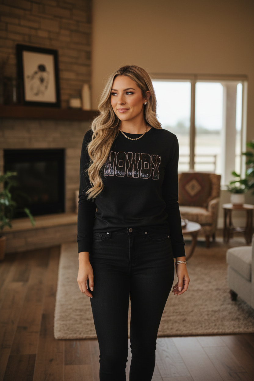 Black Sequin Howdy Long Sleeve T-Shirt – Western Graphic Tee for Women