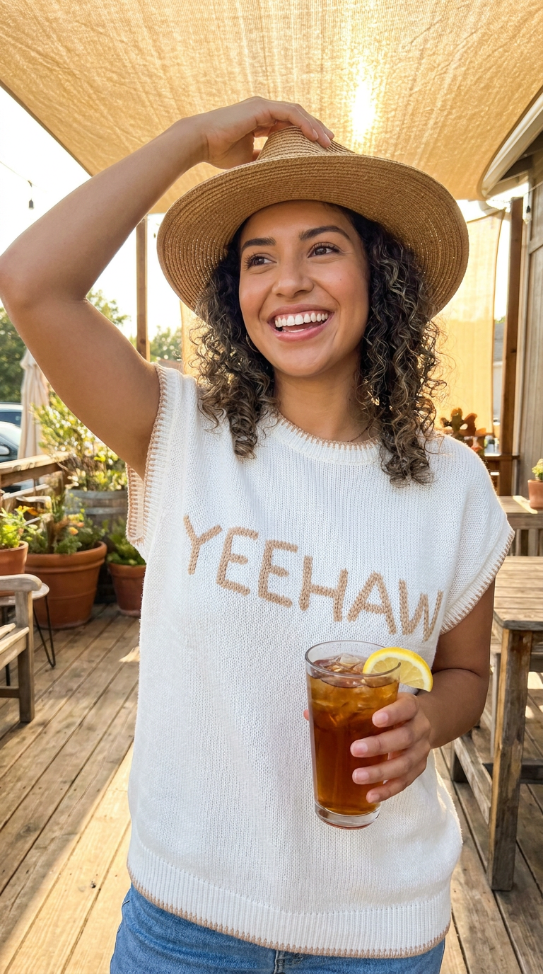 Woman wearing a 'YEEHAW' sleeveless shirt, holding a drink with a lemon, on a wooden deck.