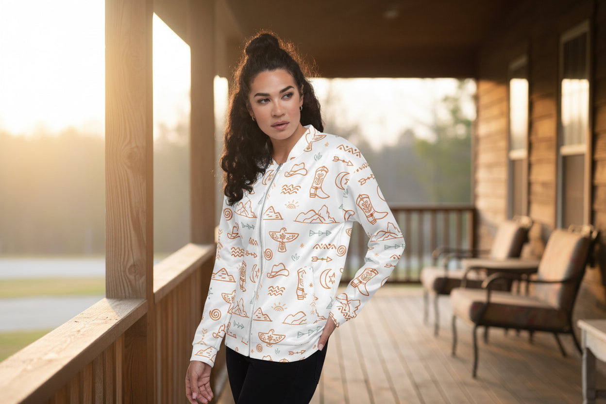 Western Motif Bomber Jacket – Beige & White Cowgirl Jacket with Cowboys, Cactus, Steer Heads | Fall Layering Jacket