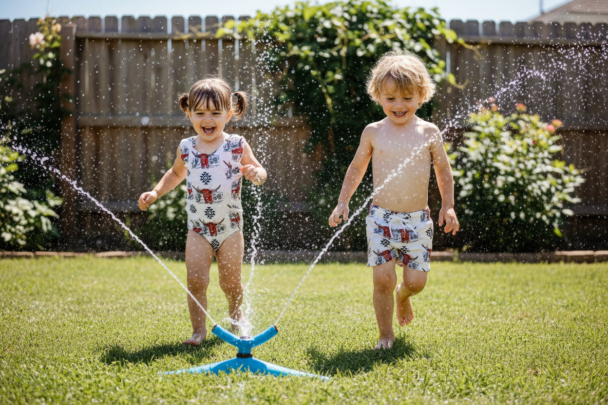 kids wearing Western Swimsuits – Longhorn Steer Sibling Swimsuits running through a sprinkler in the backyard