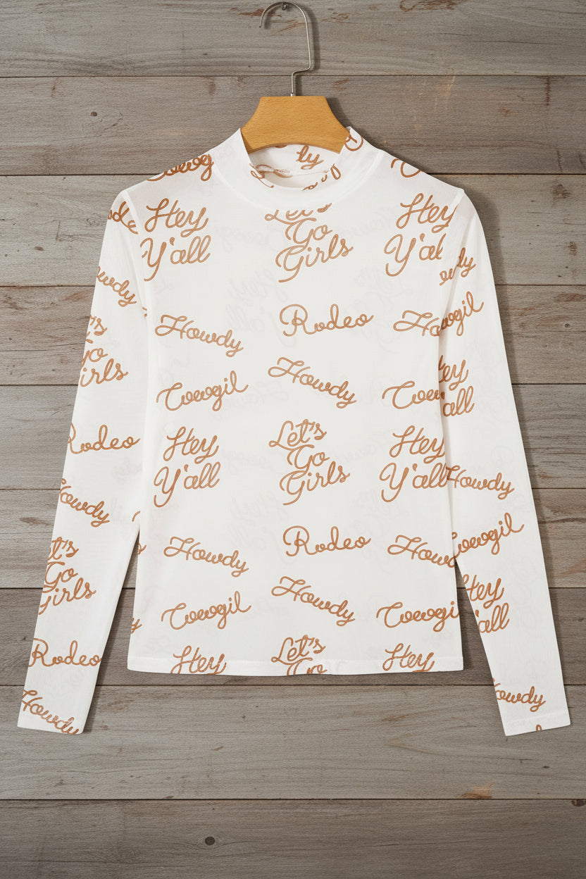 White long-sleeve mesh shirt with beige western text on a wooden background