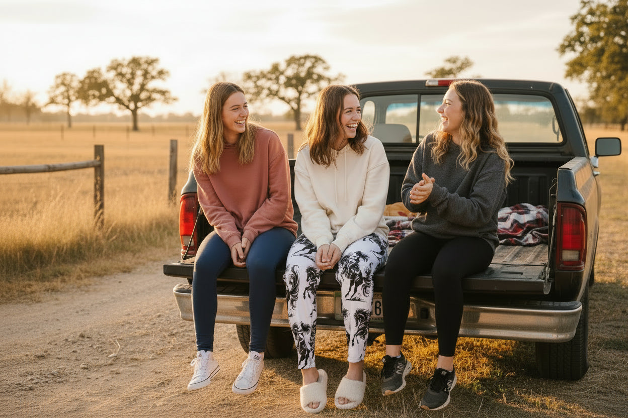 3 girls sitting on tailgate, one wearing Razels Wild Cowgirl Pajama Pants – Bold Western Lounge Vibes