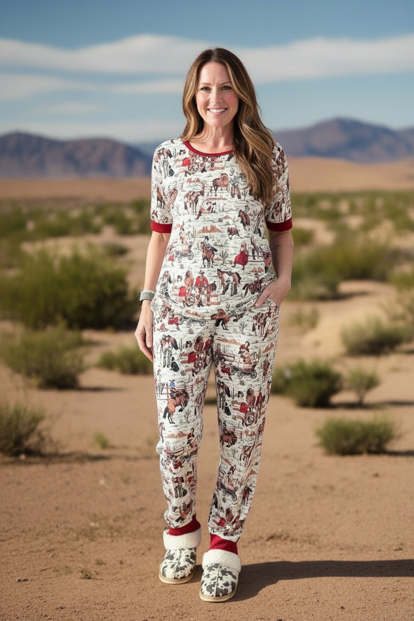 🌸 Women’s Cowgirl Pajamas – Retro Western  PJs 🤠

✨ Matching Kids’ PJs
Create the sweetest Mom & Me Cowgirl Pajamas! Available in kids’ sizes from 3–6 months through 14/16 (sold separately). 💞

