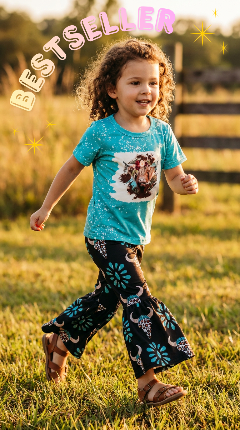 Scottish Highlander Cowgirl Bell Bottom Set for Girls | Western Outfit