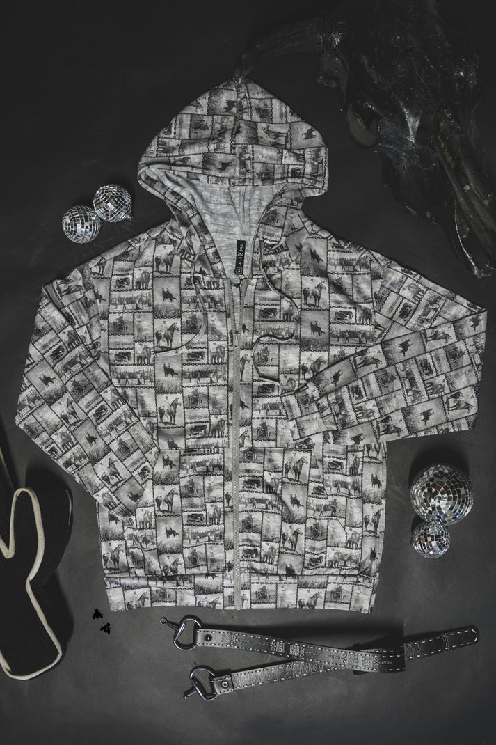 Western Print Burnout Zip-Up Jacket | Lightweight Cowboy Layering Hoodie Women