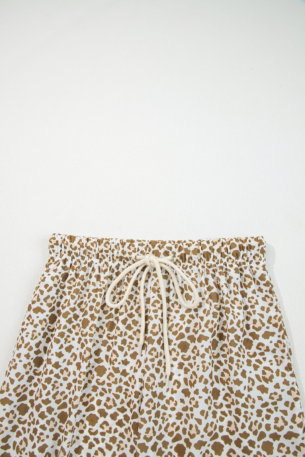 Khaki Leopard Print Pants, Womens Drawstring Loose Fit Pants, Elastic Waist Straight Leg Leopard Pants,