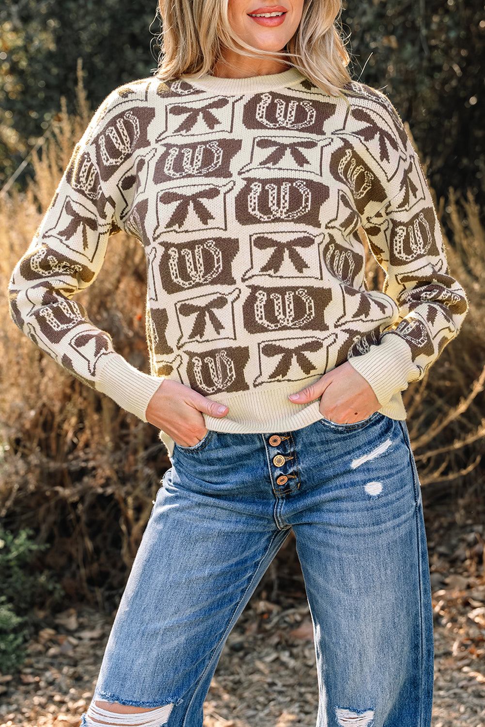 Brown Bows & Horseshoes Western Print Sweater | Cozy Cowgirl Knit Pullover
