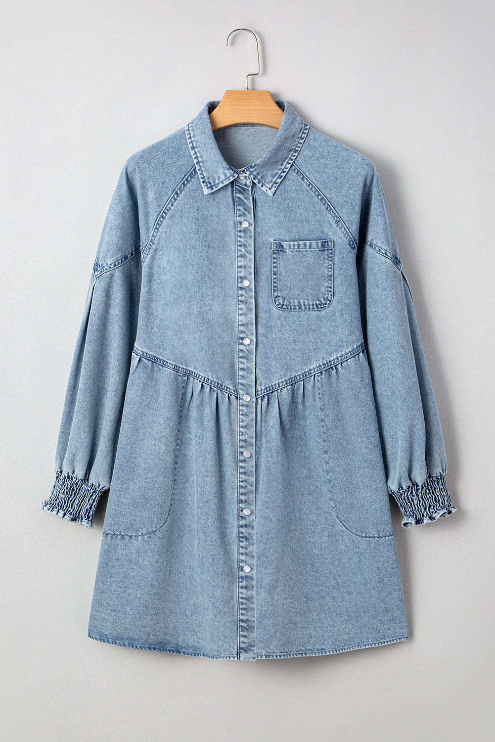 Blue Ruffle Denim Mini Dress – Smocked Cuffs, Flared Skirt & Heart Buttons, Western Denim dress
