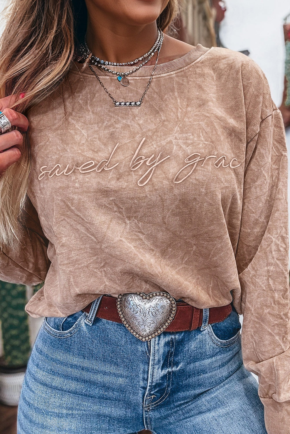 Saved by Grace Top – Embroidered Long Sleeve Mineral Wash Sweatshirt,& Christian Graphic Shirt