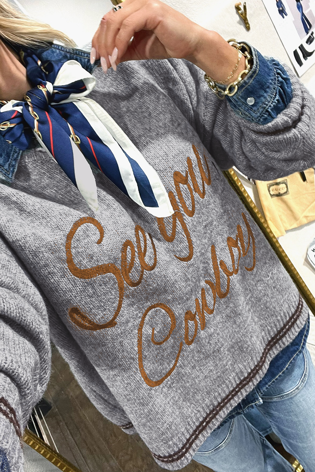 Light Grey “See You Cowboy” Embroidered Western Sweater | Oversized Drop Shoulder Graphic Pullover