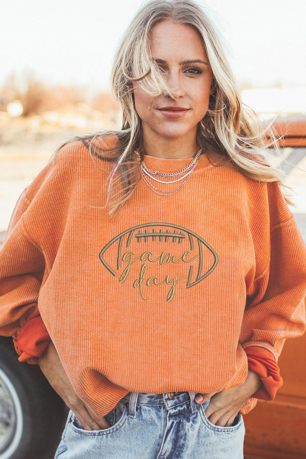 Orange Game Day Corduroy Sweatshirt – Embroidered Football Pullover, Oversized Fall & Winter Gameday Outfit Women’s Cozy Ribbed Top