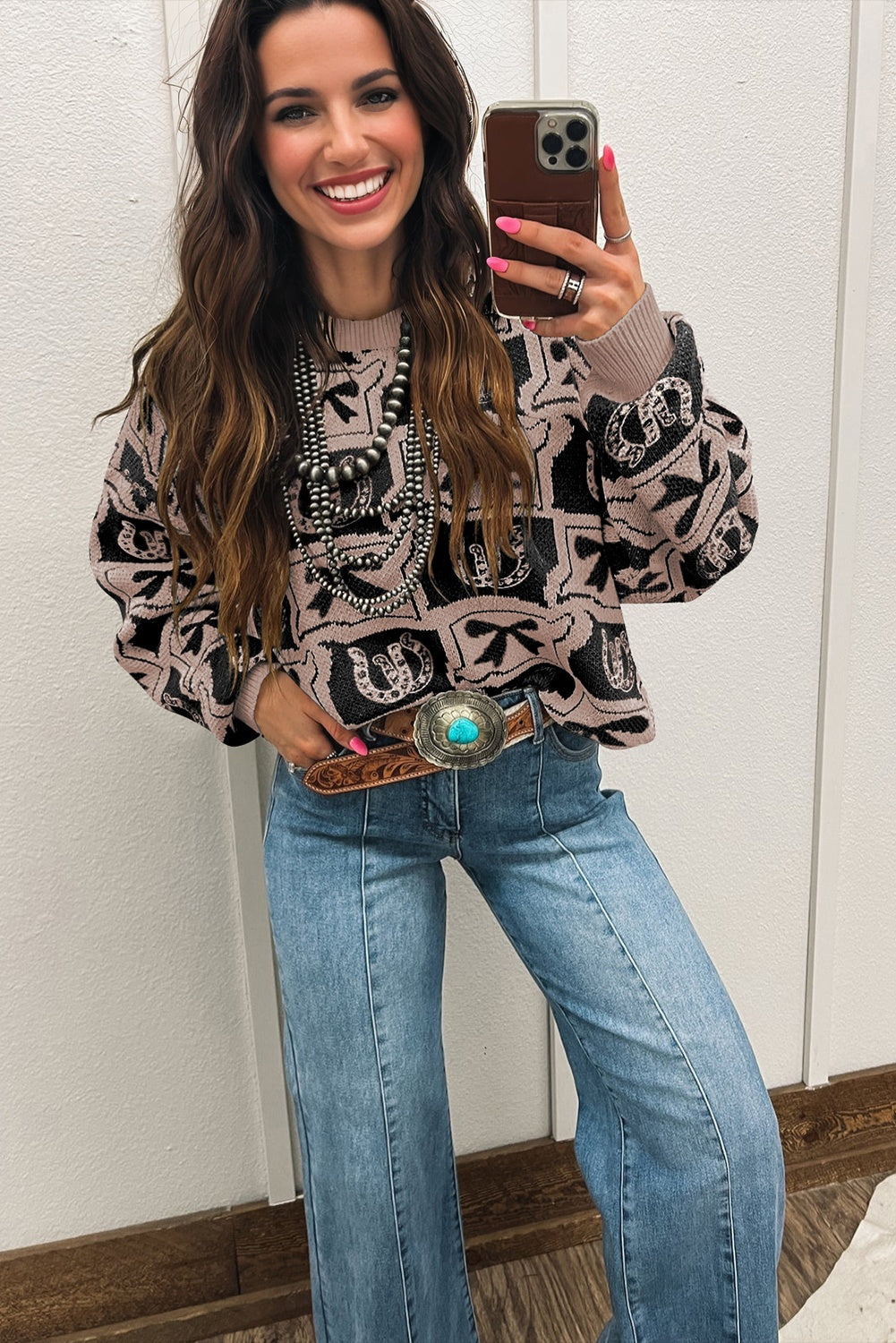 Black Bows & Horseshoes Sweater – Western Cowgirl Fashion Knit Pullover