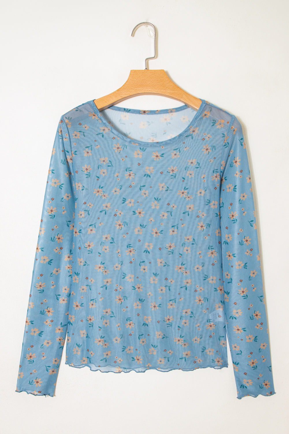 Sky Blue Floral Mesh Top, Vintage Sheer Long Sleeve Blouse, Womens Slim Fit Southern Style Top, Sexy Sheer Lettuce Trim Shirt